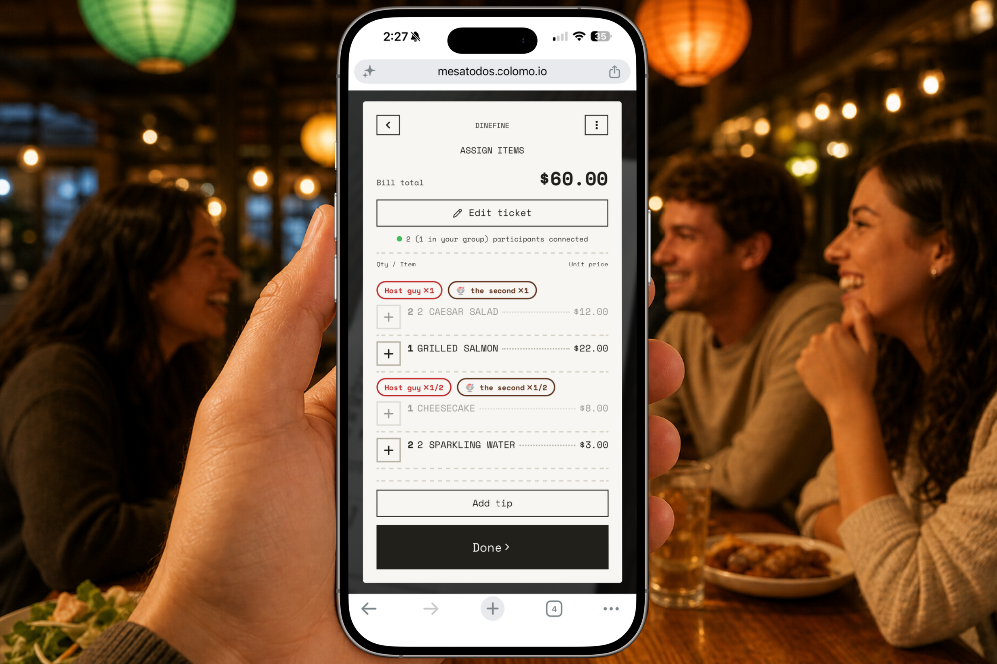 MesaTodos home screen: scan a receipt, add your name, and split the bill with the table